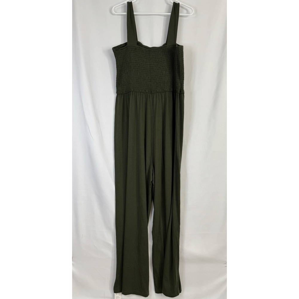 NWT CUPSHE Olive Green Smocked Wide Leg Jumpsuit XL Boho Sleeveless Romper - Picture 2 of 6